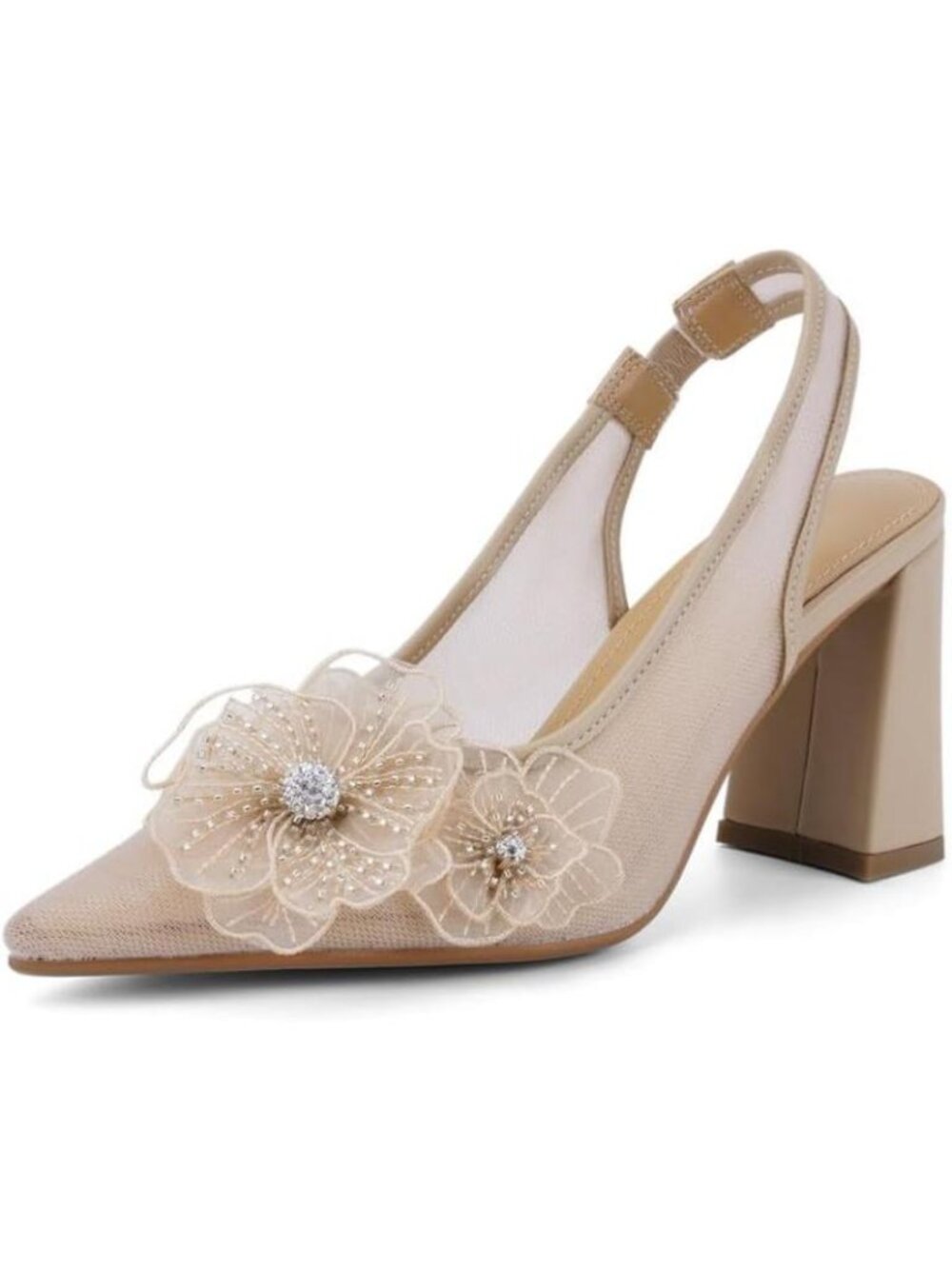 Women's Nude Lace Mesh Slingback Pointed Toe Heels Chunky Heel Breathable Mesh